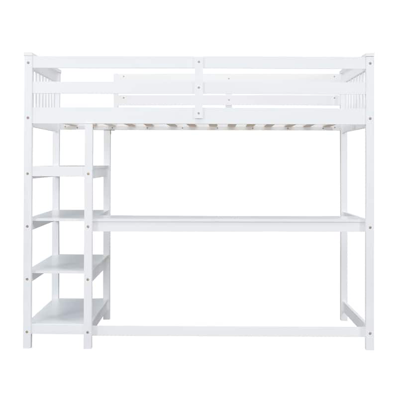 Twin Size Pine Loft Bed with Storage Shelves and Under-Bed Desk
