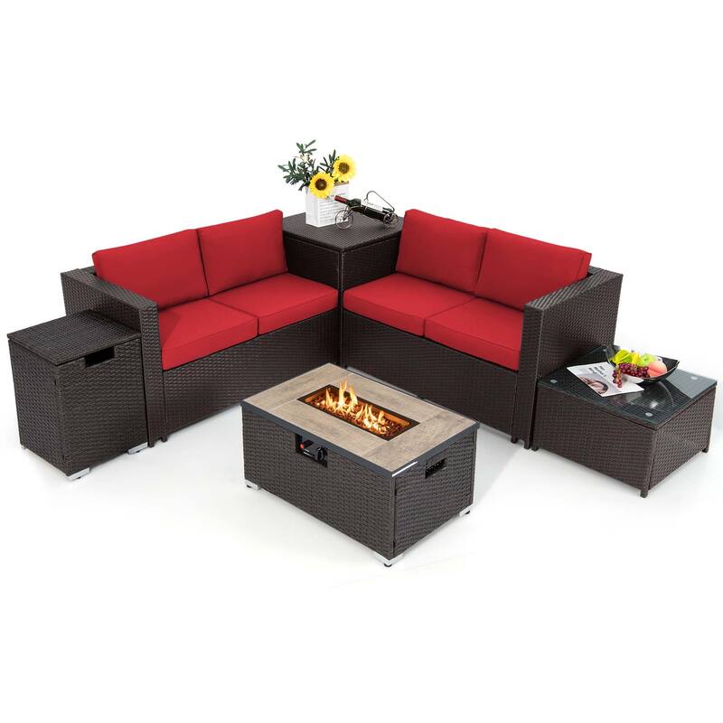 6PCS Patio Rattan Furniture Set 32'' Fire Pit Table Tank Holder Cover