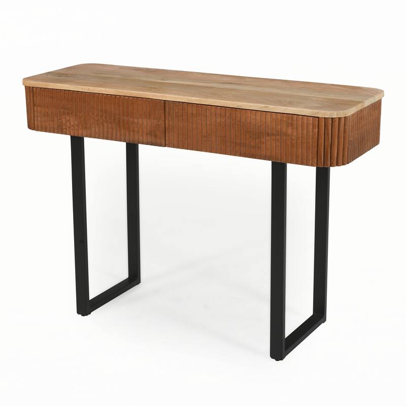 Solid Wood Entryway Table with Fluted Design,Natural+Black