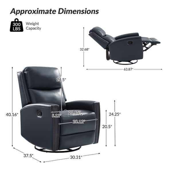 dimension image slide 11 of 12, Fiacro 30.31" Genuine Leather Wingback Swivel Rocker Recliner with Nailhead Trim