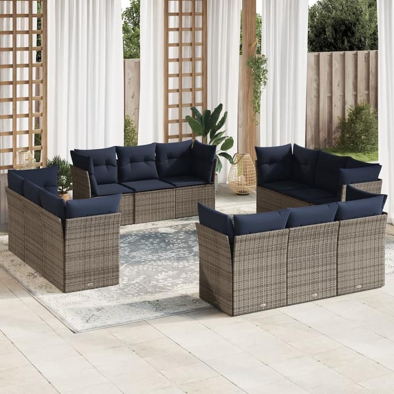 vidaXL 12 Piece Patio Sofa Set with Cushions Black/Brown/Gray Poly Rattan - 24.4 x 24.4 x 27.2 - Gray and navy blue Without table