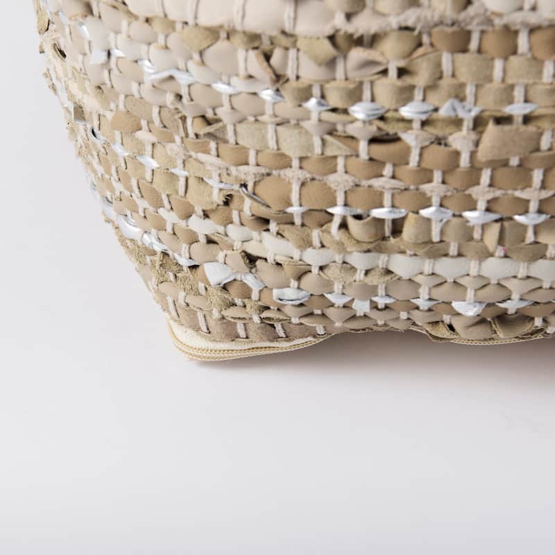 Mercana "Aadhya" Taupe & Silver Leather / Cotton Square Pouf