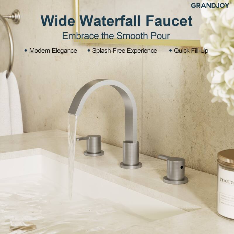 GRANDJOY 3-Hole Widespread Sink Faucet Stainless Steel Waterfall Bathroom Faucet