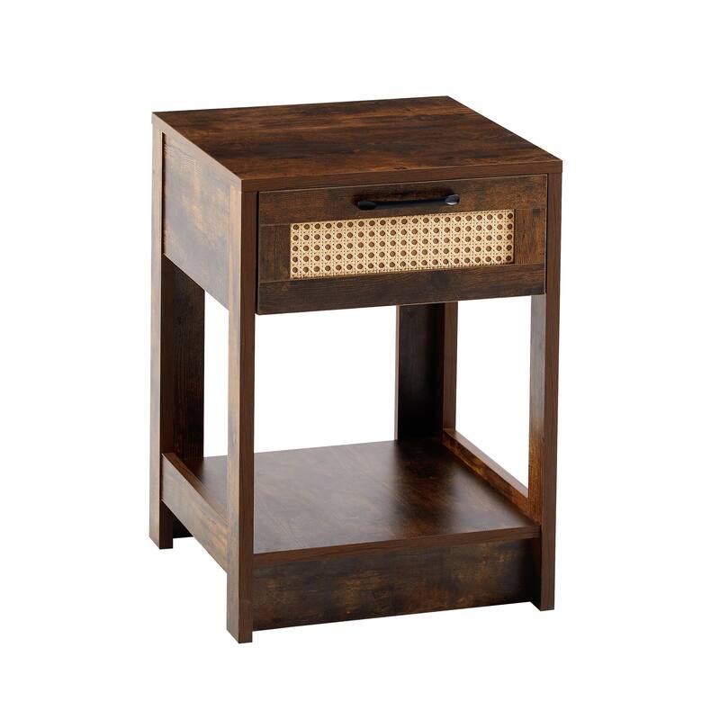 15.75" Rattan End table with Drawer Modern Nightstand Side Table