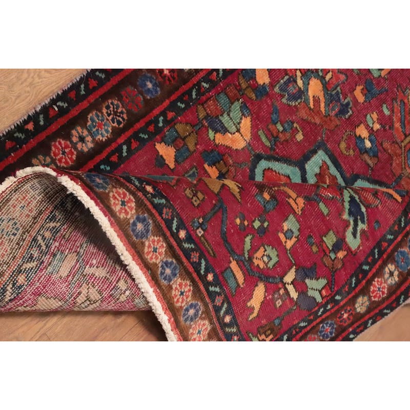 Hand Knotted Oriental 100% Wool Carpet Traditional Geometric Red Tabriz Runner Rug - 10' 9'' X 3' 6''