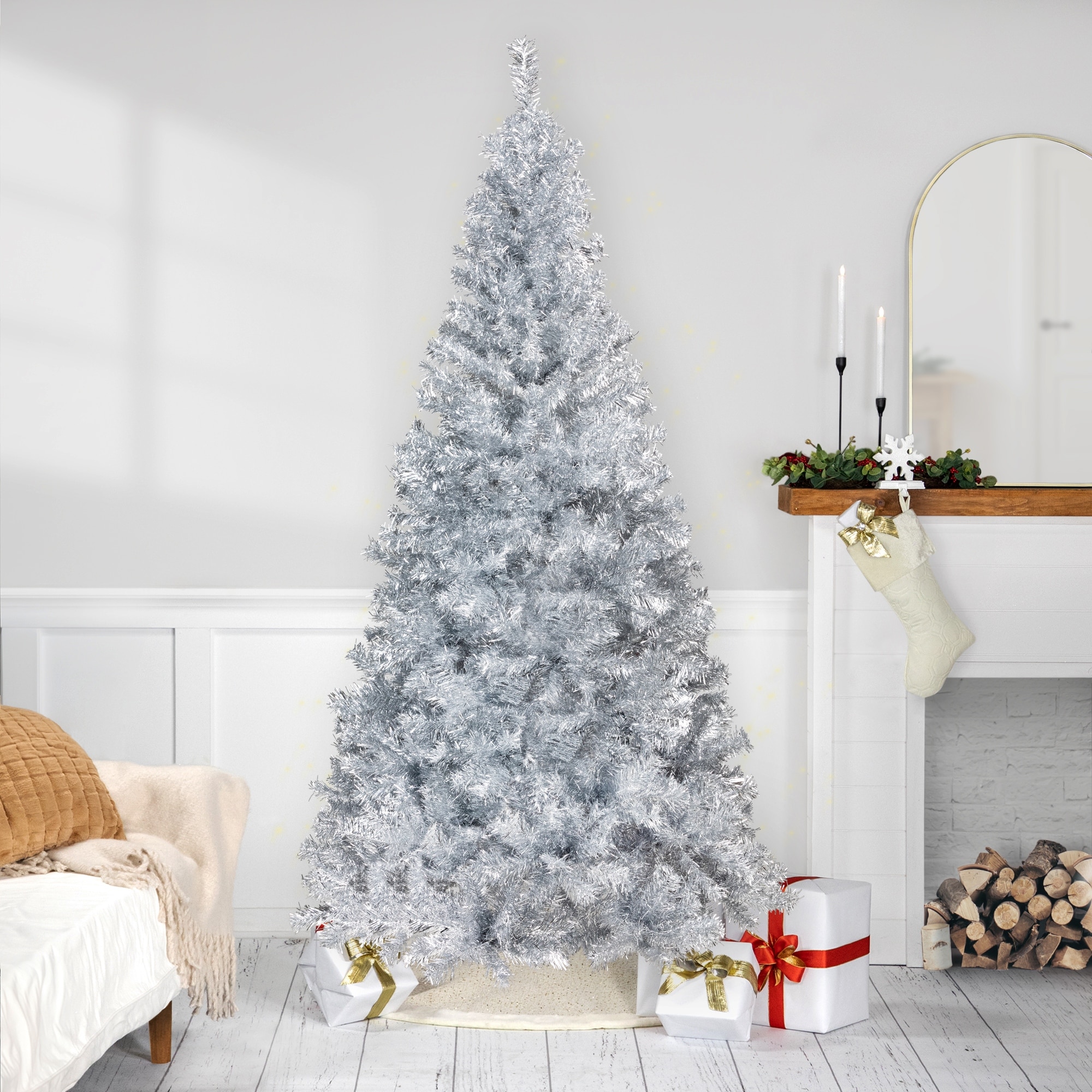 Artificial Tinsel Christmas Tree - 7' - Silver - Unlit - 7 Foot