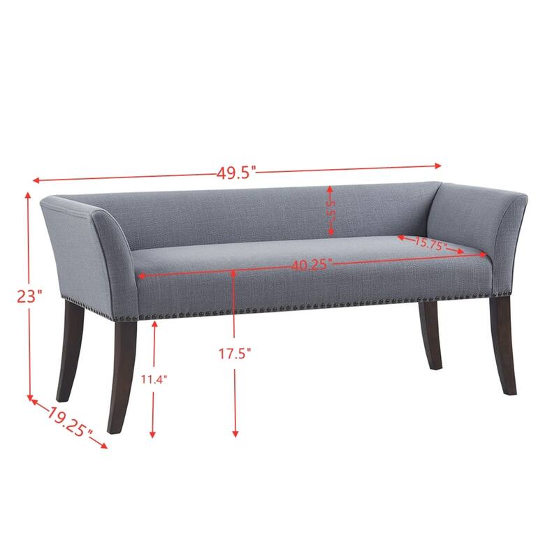 Roomfitters 49.5-Inch Upholstered Accent Bench, Morocco Wood Finish with Silver Nailhead Trim - Slate Blue