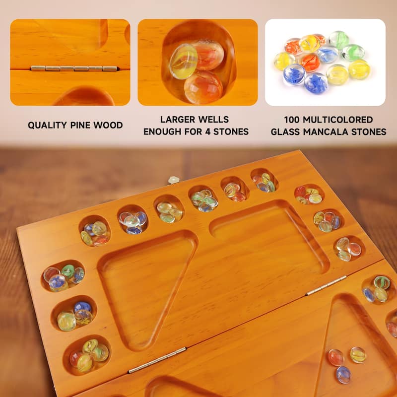 GSE™ 4-Player Mancala Board Game with Multi-Color Glass Stones, Folding Wooden 4-Way African Mancala Game Set