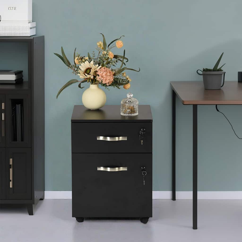 Homy Casa Black 2-Drawer Mobile File Cabinet Lock and Wheels