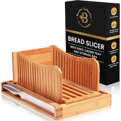 Bamboo Bread Slicer with Knife - 3 Slice Thickness, Foldable Compact Cutting Guide with Crumb Tray