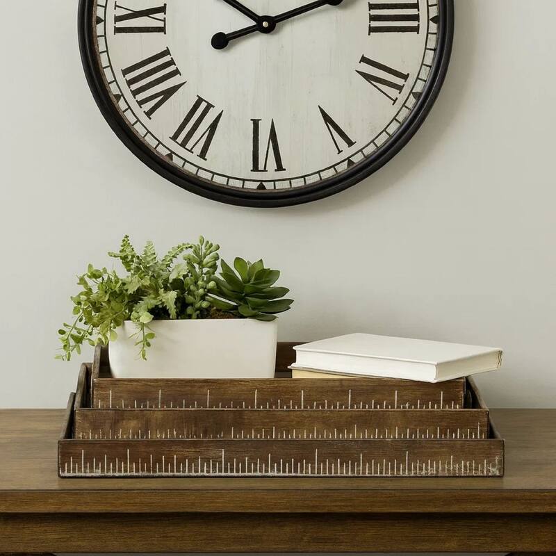 Rough Sawn Textured Rectangular Wooden Ruler Tray, Set of 3, Brown