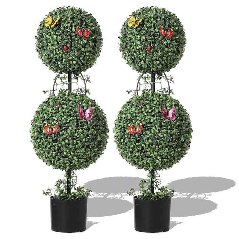 2 Pack 3 FT Artificial Double Ball Topiary Trees Plants - 3ft - 3ft