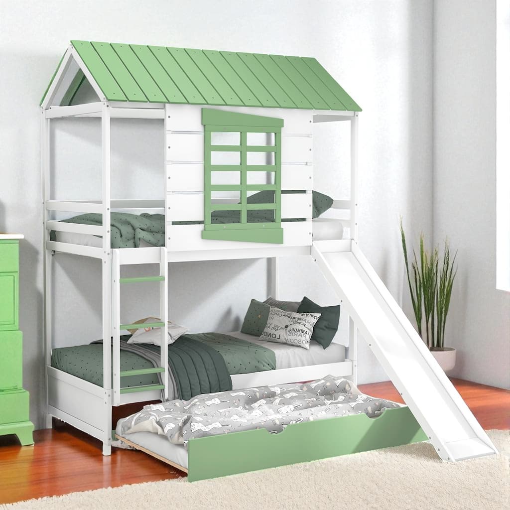 Twin over Twin House Bunk Bed with Trundle and Convertible Slide, Roof Design and Guardrails