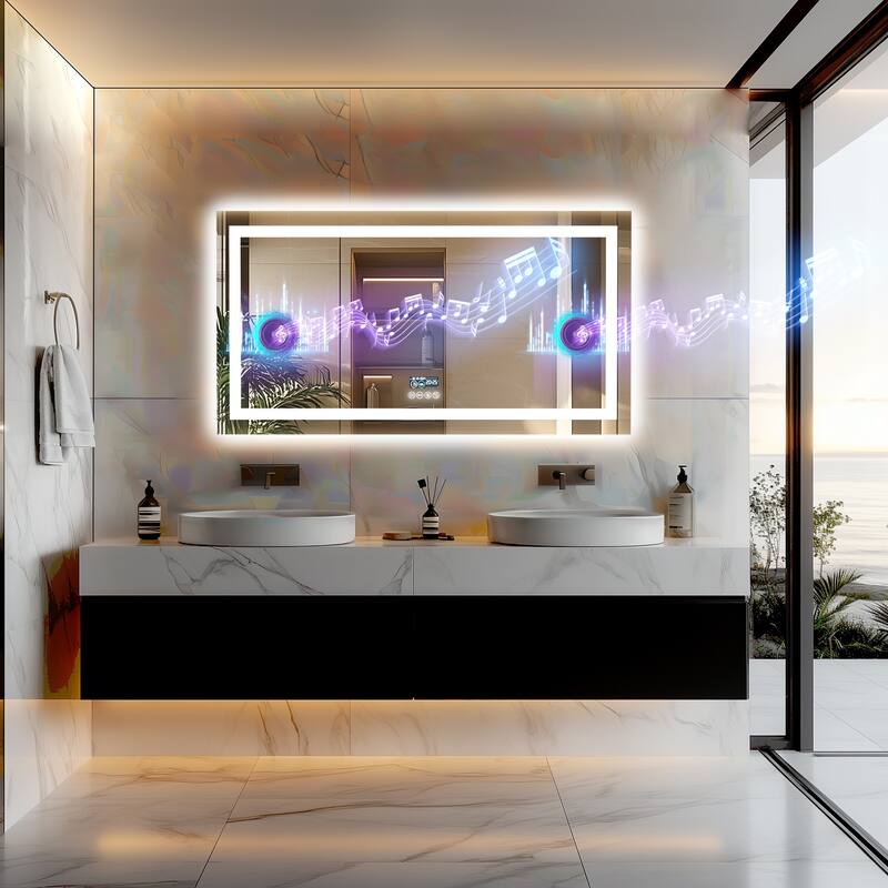 Bluetooth LED Bathroom Mirror Music Speaker Wall Vanity Mirror with Lights Date and Time Rectangle - 40"x24"