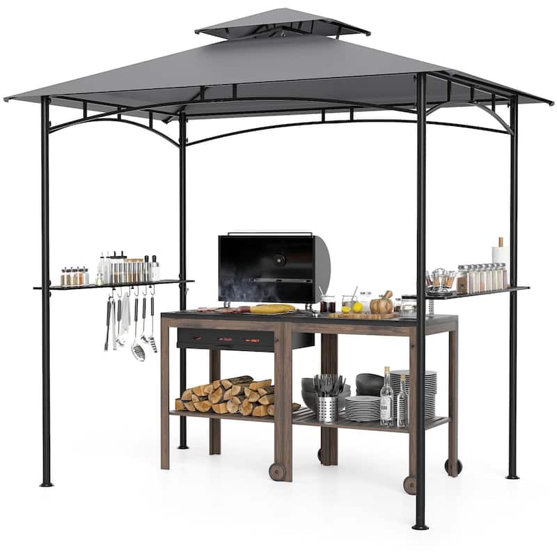 Gymax 8' x 5' Grill Gazebo Outdoor Double-Tiered Grill Canopy w/ 2 - Grey