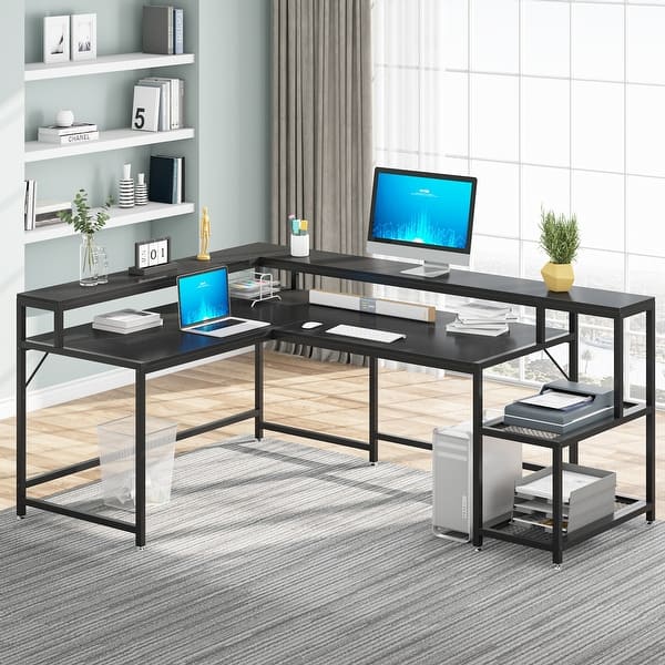 L Shaped Desk With 2 Tier Bookshelves, Computer Corner Desk, Home Office Writing Workstation, Gaming Desk PC Laptop Table With Storage For Study/Writing/Working (Black