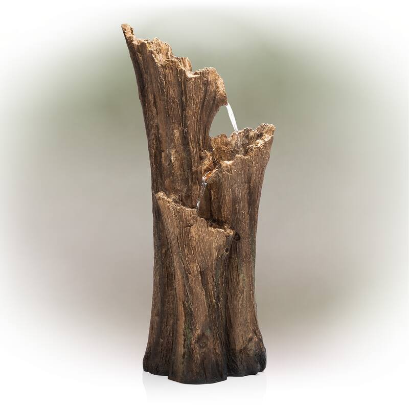 Alpine Corporation TZL210 39 Outdoor 3-Tiered Aged Log Water Fountain with LED Lights Garden Water Feature