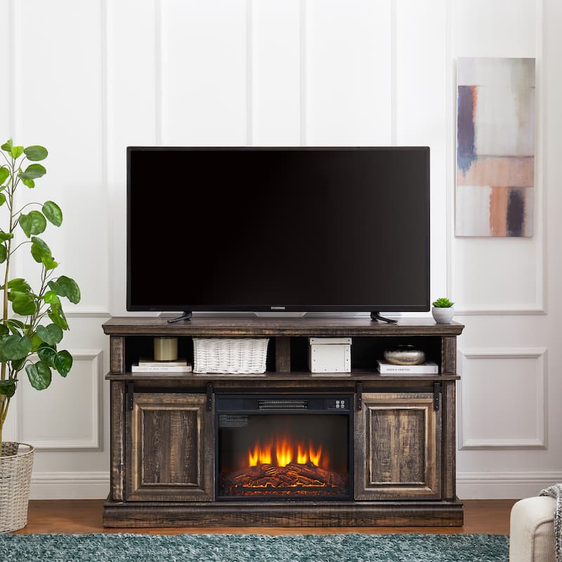 58.11" Fireplace TV Stand with Cable Cutouts and Storage for 65" TVs - Antique brown