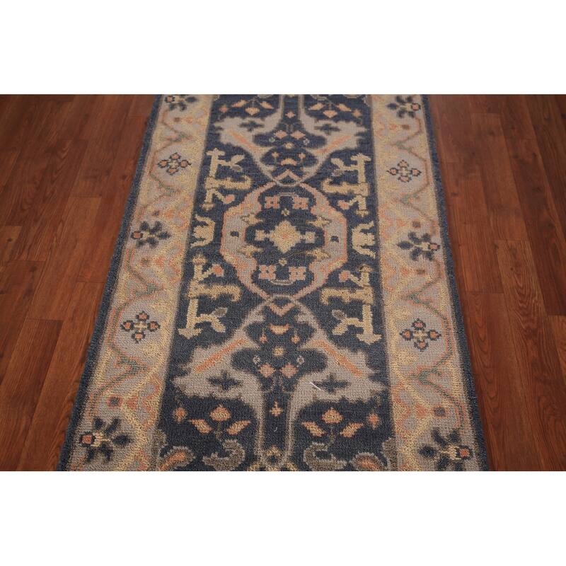 Blue Oushak Vegetable Dye Runner Rug Hand-Knotted Wool Carpet - 2'7" x 7'10"