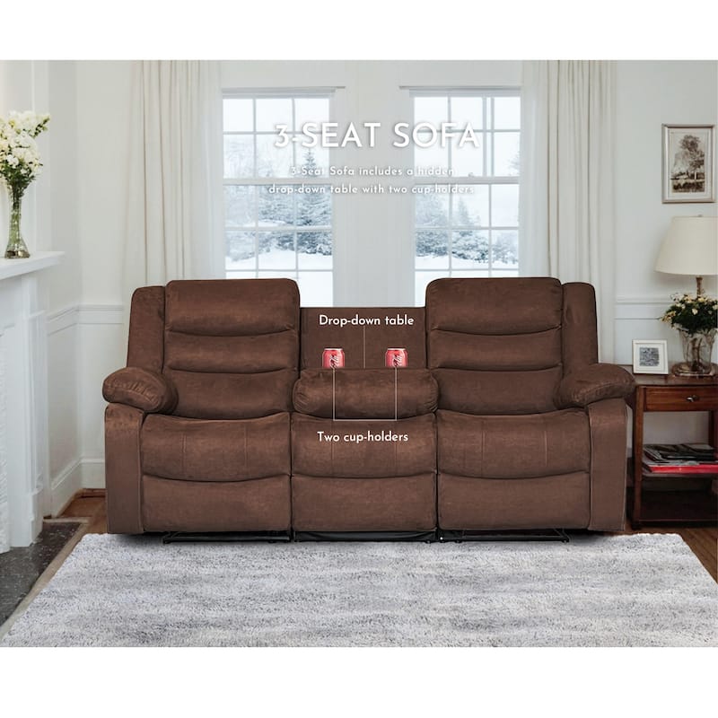Modern 3-Piece Manual Reclining Living Room Sofa Set with Dropdown Table and Console