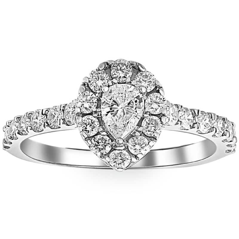 1Ct Pear Shape Diamond Halo Engagement Ring in White, Yellow, or Rose Gold