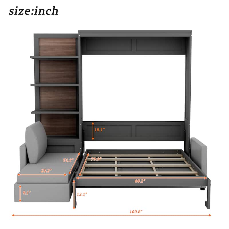 Convertible Queen Murphy Wall Bed with Sectional Sofa & 4-Tier Bookcase by Harper&Bright Designs