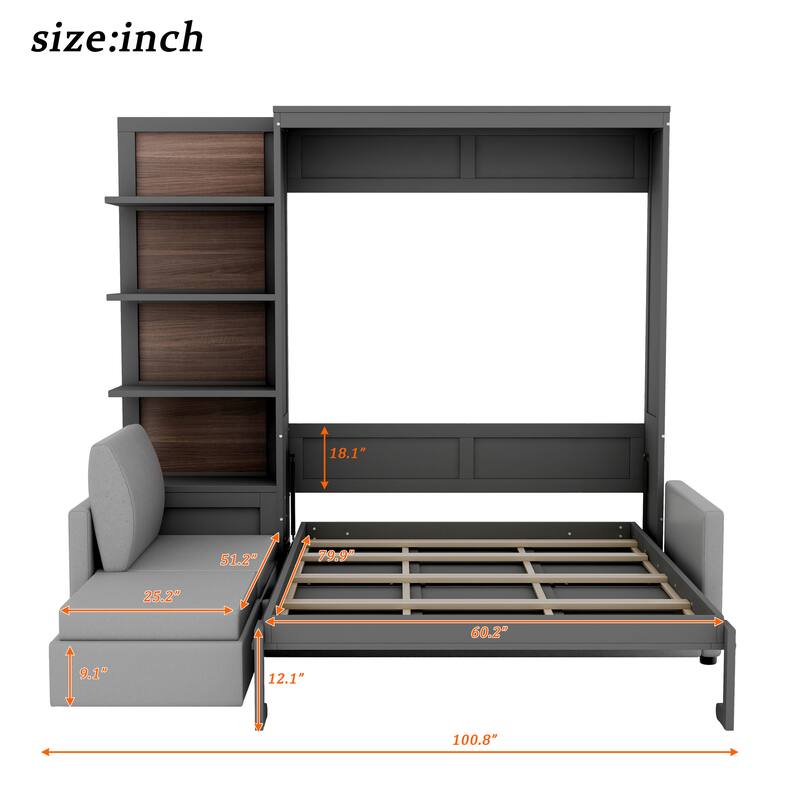 Queen Murphy Bed with Built-in Sofa, Shelves & Space-Saving Design