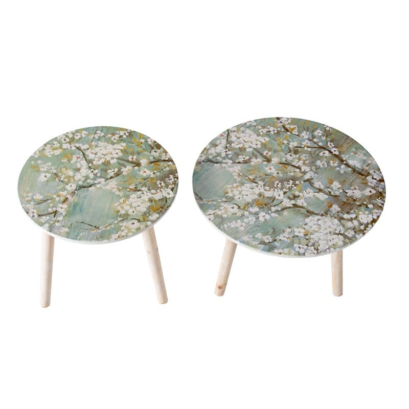 GDFStudio - S/2 Nature-Inspired Side Tables with Painted Cherry Blossom Tops - 21.7" - White+Blue