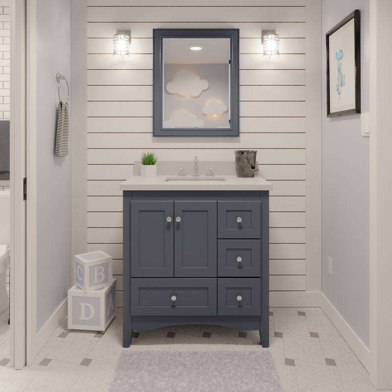 KitchenBathCollection Abbey 36" Bathroom Vanity with Quartz Top - Marine Gray