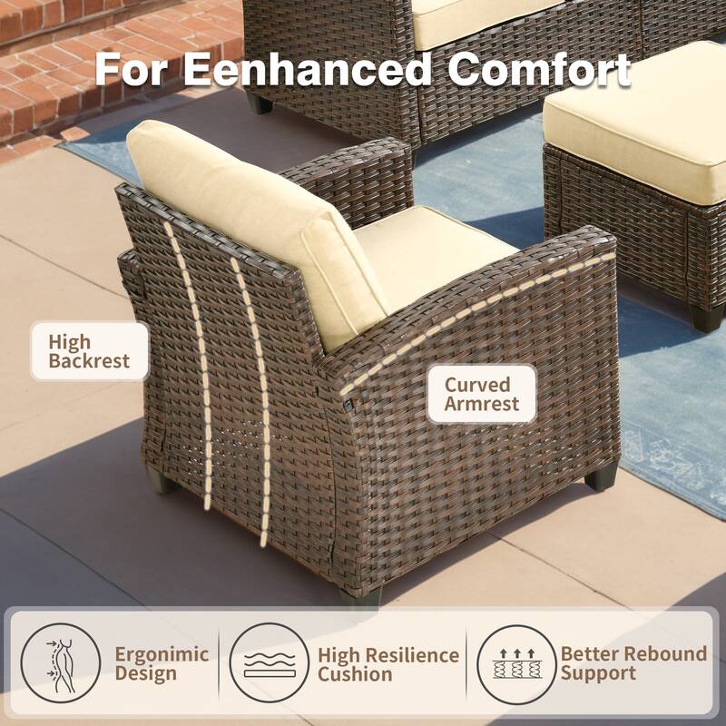 HOOOWOOO 7-piece Outdoor Wicker Rattan Patio Conversation Set with Fire Pit
