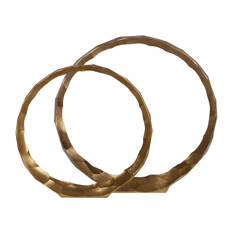 Set of 2 Hammered Metal Decorative Ring Sculptures - Contemporary Abstract Gold Aluminum Ring Statues for Home or Office