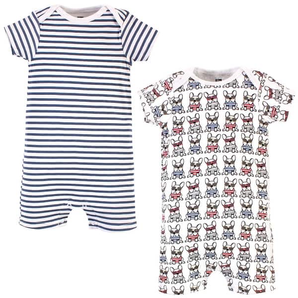 slide 1 of 1, Hudson Baby Infant Boy Cotton Rompers, French Dog 2-Pack 0 - 3 Months - Blue