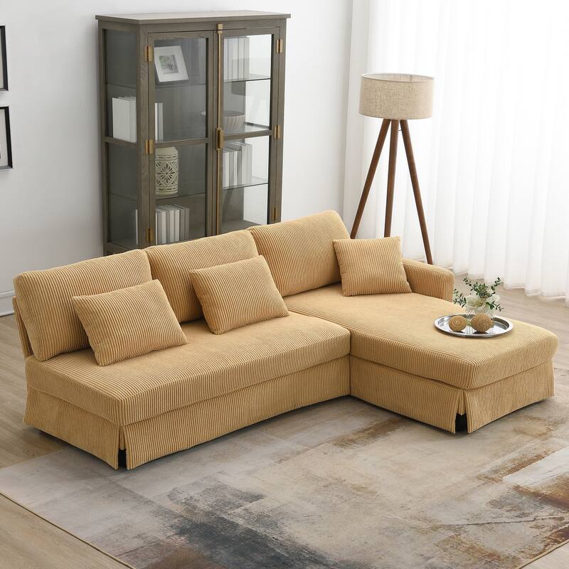 87X61"Modern L-shaped Corduroy Sofa with Reversible Chaise, 4-seat Upholstered Sectional Indoor Furniture for Living Room - Yellow