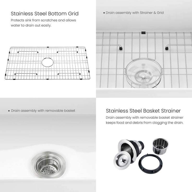 White Fireclay Farmhouse Undermount Kitchen Sink with Bottom Grid and Strainer