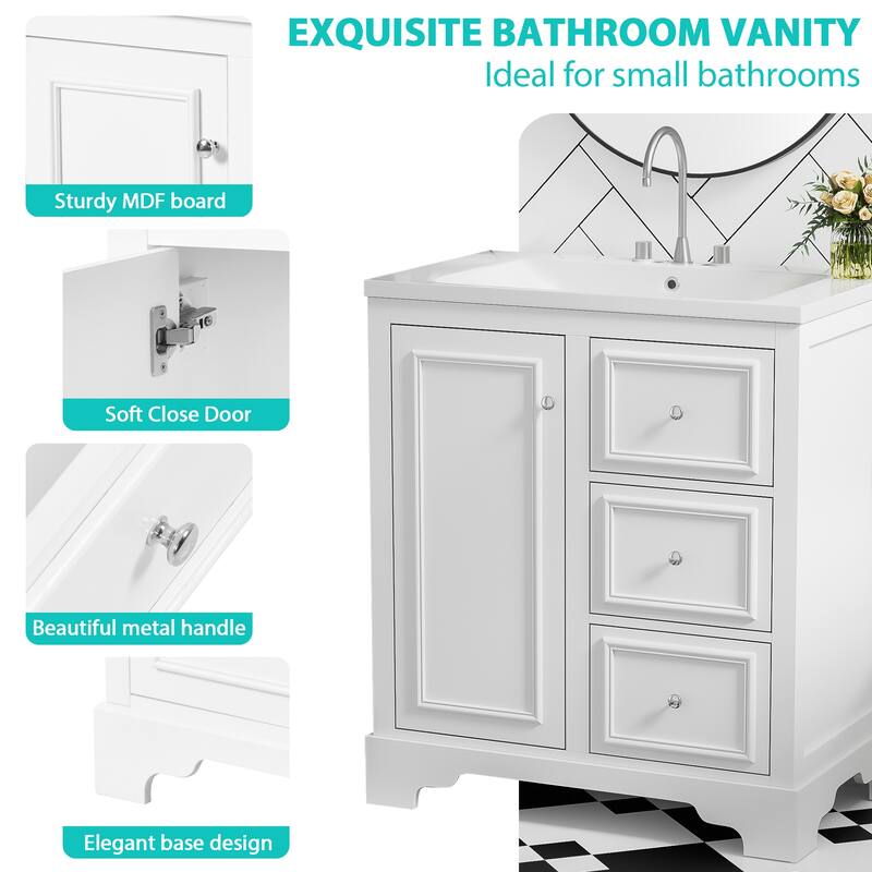 GDFStudio - Aster 30" Bathroom Vanity Cabinet with Basin, 3 Drawers & Adjustable Shelves