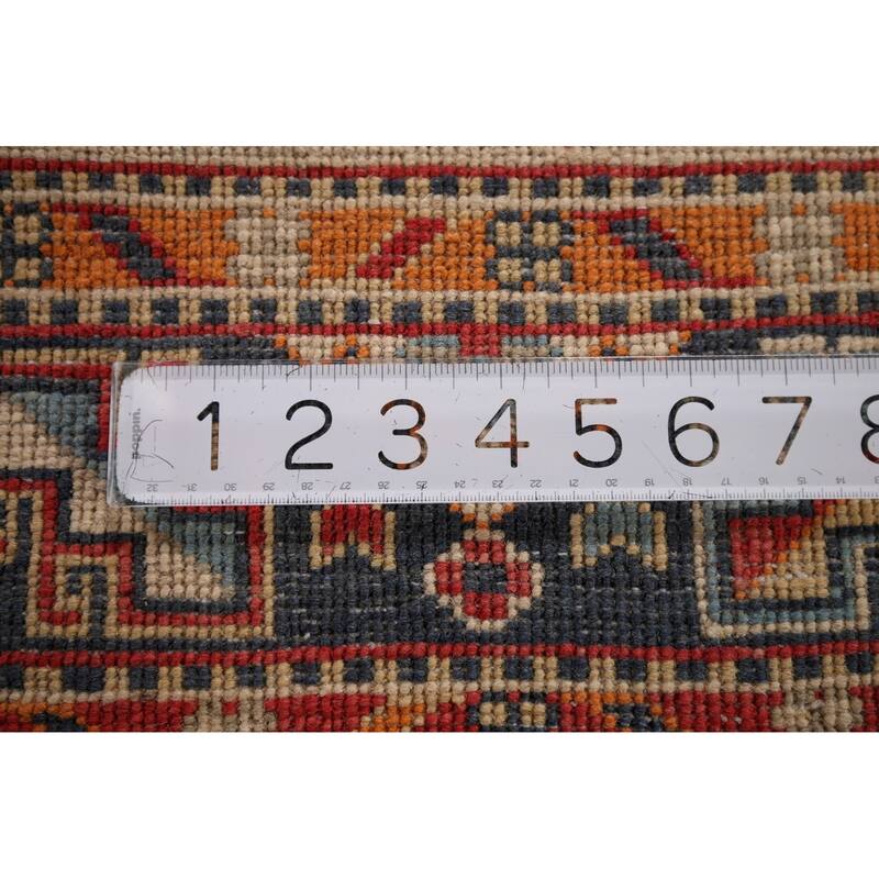 Kazak Area Rug Hand-Knotted Beige Geometric Wool Carpet - 4'0" x 6'1"