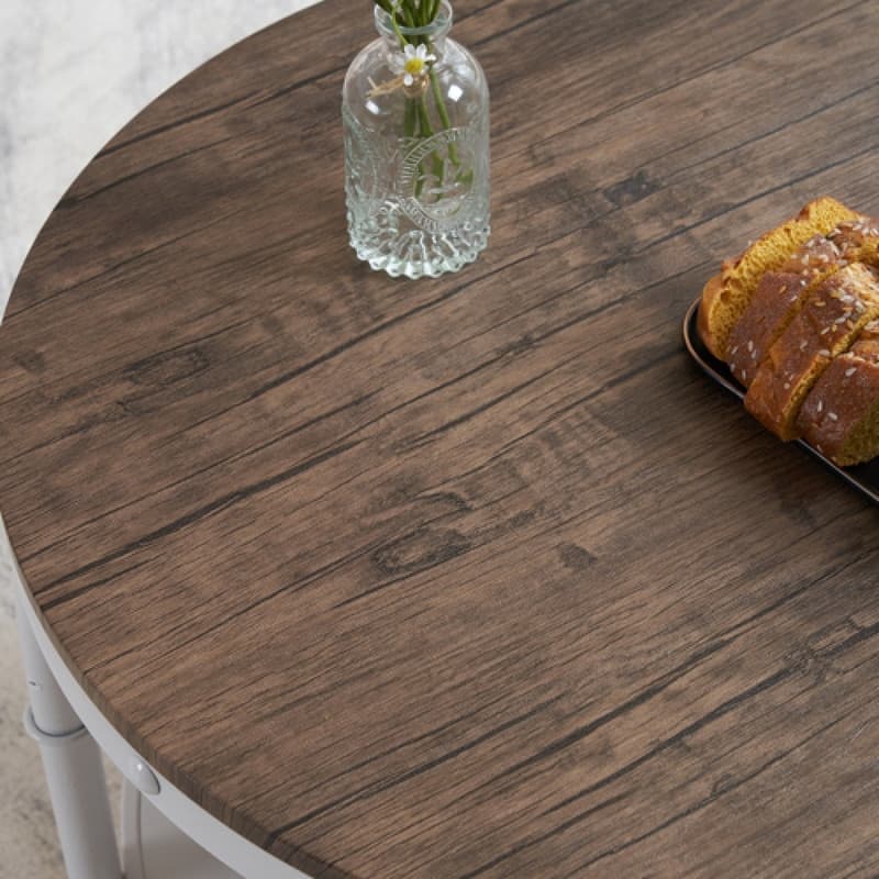 Double-layer Round Dark Walnut-colored Black-veined MDF Panel, White Wrinkled Baked Iron Frame, Industrial Style Coffee Table