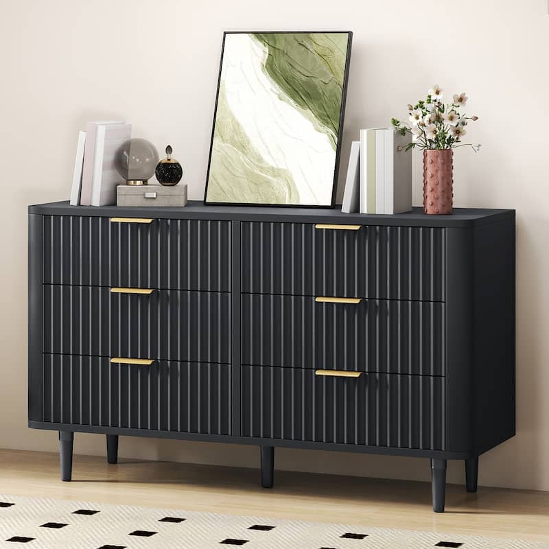 6 Drawer Wood Dresser with Wave Fluted Panel Storage Organizer for Bedroom - Black