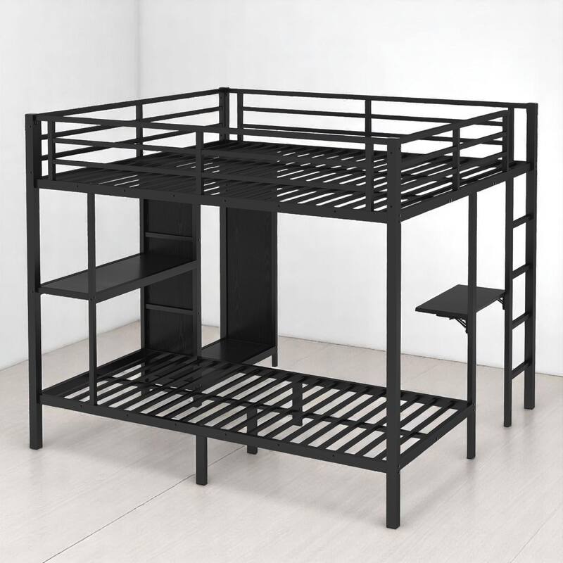 King Over Twin XL Metal Bunk Bed with Wardrobe, Foldable Side Desk & Shelf ,Space-Saving Loft Design with Storage for Bedroom