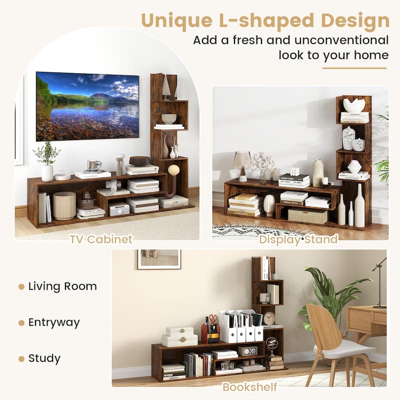 Rustic Brown Engineered Wood L-Shaped TV Stand for 50 inches TVs with Storage Shelves - 56.8” x 11.6” x 47.6” (L x W x H)
