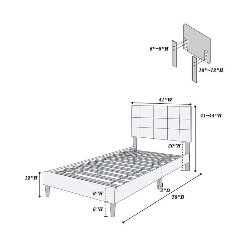 Lilian Twin Bed, Tufted Gray Linen Upholstery, Biscuit Tufted Stitch