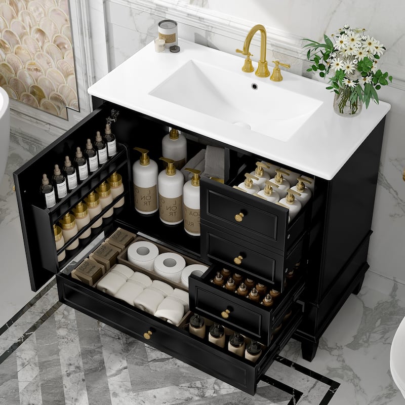 36" Bathroom Vanity with Ceramic Sink - MDF & Solid Wood Base, 3 Drawers & Storage Cabinet, Freestanding Design, 4" Faucet Holes - Black