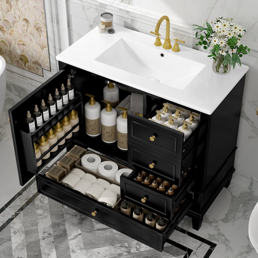 36"Bathroom Vanity with Ceramic Sink, 3 Drawers & Cabinet with Shelves, Freestanding Vanity Cabinet with 4-Inch Faucet Holes
