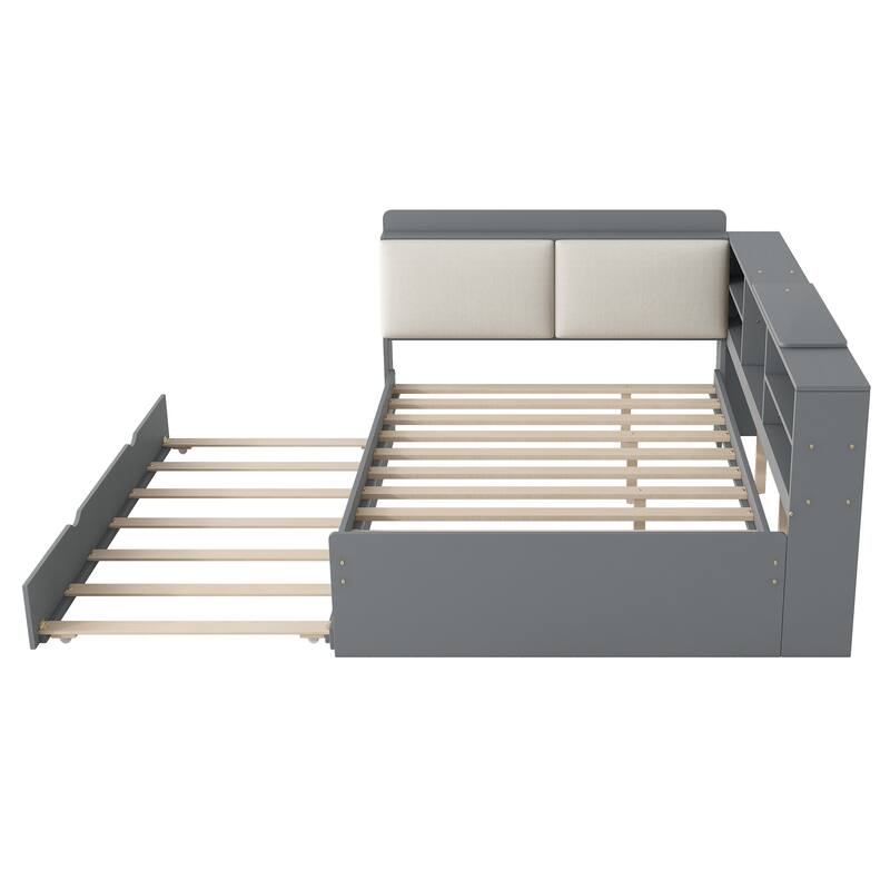 Wood Full Size Platform Bed with Trundle Storage Headboard and Shelves in Pine Wood