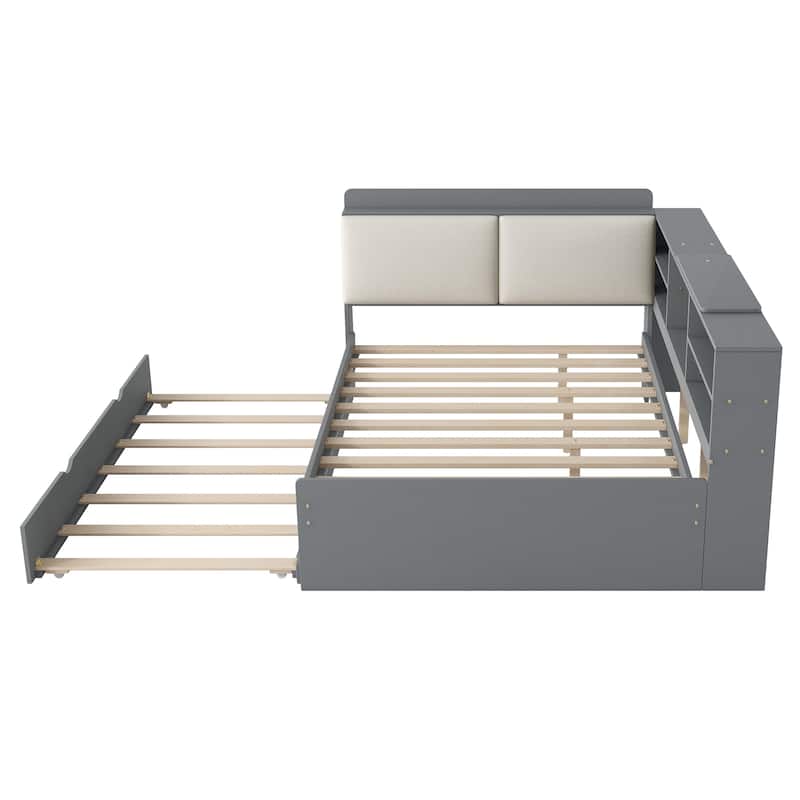 Wood Platform Bed with Trundle, Shelves and Storage Headboard