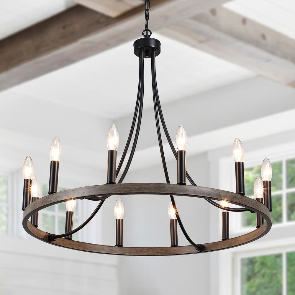 12-Light 26.77-inch Vintage Rustic Wagon Wheel Chandelier for Kitchen