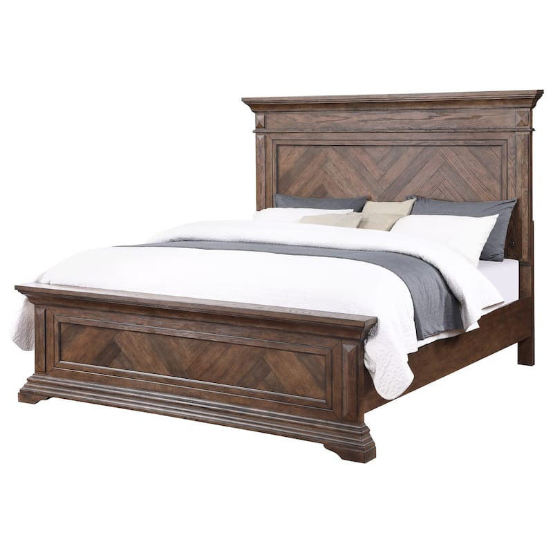 Marv King Size Bed, Parquet Pattern, Traditional Style, Brushed Brown Wood