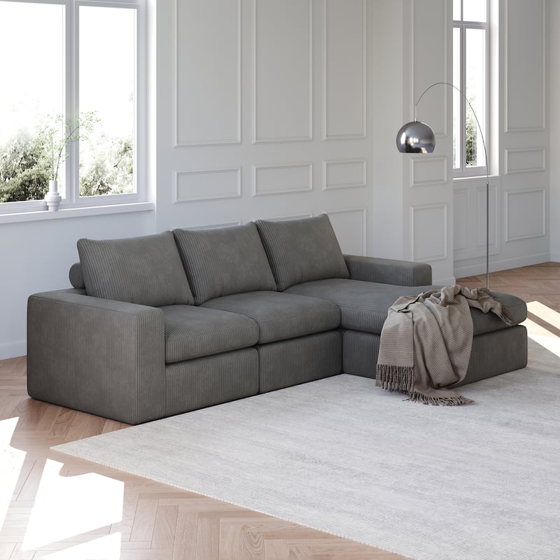 Roomfitters Modern 3-Seater Corduroy Cloud Sectional Sofa with Chaise, L-Shaped Boneless Couch with Pillows - Grey - 3 Seater