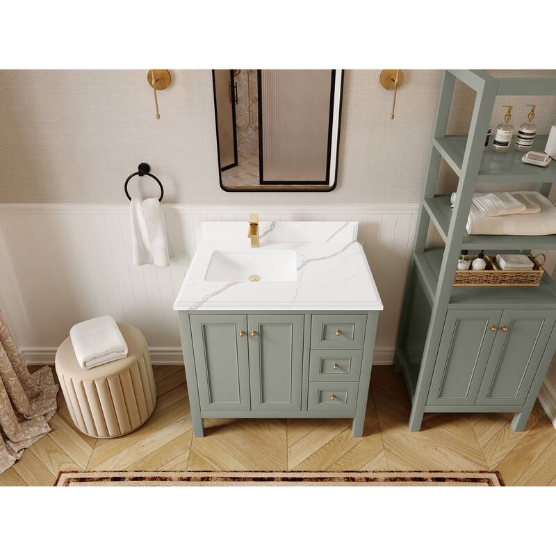 Willow Collections 36 in. W x 22 in. D Nashville Left Offset Sink Bathroom Vanity with Countertop - 1.5"Calacatta Laza - Evergreen