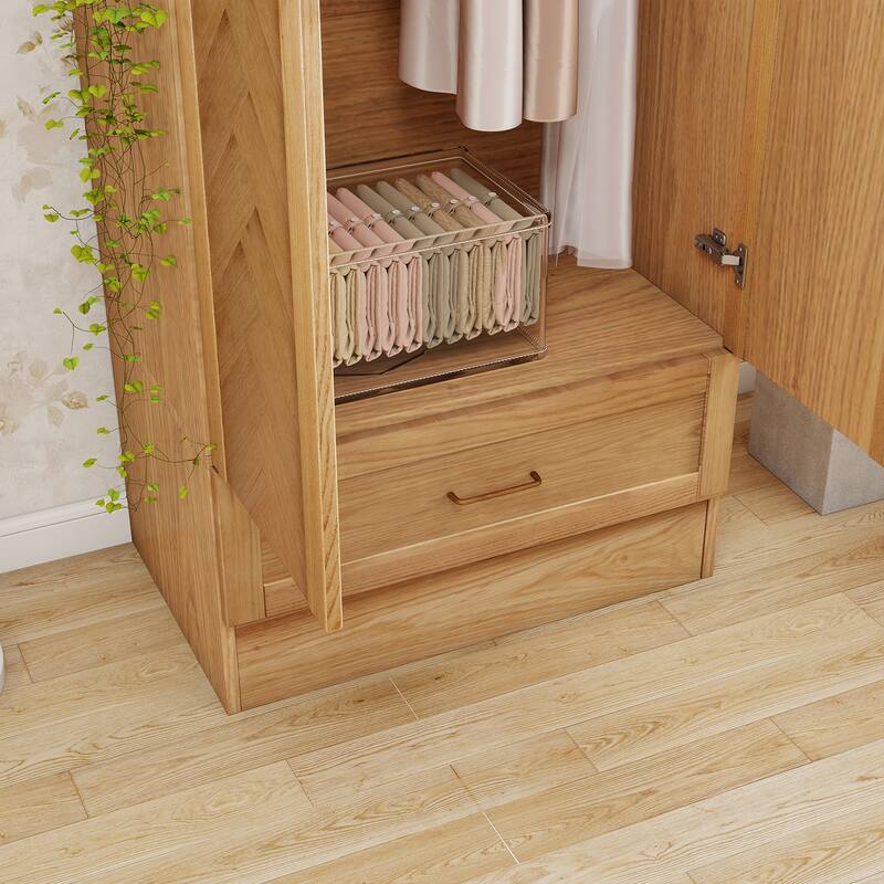 100% Solid Wood Armoire Wardrobe Closet with 2 Door, 70.87"H Bedroom Armoire Closet with Drawer and Hanging Rod, Wood Finish